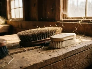 Professionele paardenborstels voor verzorging op houten stalplanken met hooi en warme stalverlichting