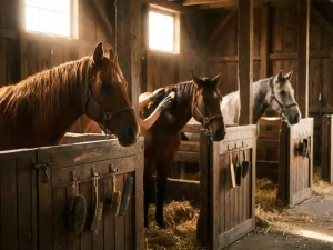 Drie paarden in houten stalboxen met verzorgingsborstels aan haken, warme zonnestralen door schuurvensters