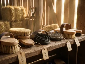 Paardenborstels en roskammen op houten stalplank met prijskaartjes, warme stalverlichting op achtergrond