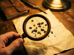 Vergrootglas onderzoekt verschillende soorten ongedierteuitwerpselen op oud perkament voor pestidentificatie