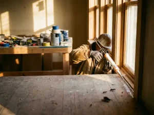 Bouwvakker in beschermende kleding dicht ramen af met kit, gereedschap op werkbank, insecten op houten vloer