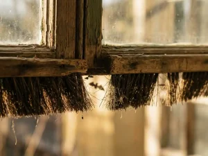 Verweerde houten raamkozijnen met borsteldichtingen tegen vleermuizen, ochtendlicht filtert door glas