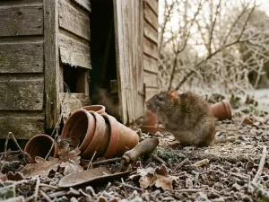 Bruine rat zit alert bij bevroren tuinschuur tussen winterafval en ijskristallen op houten planken