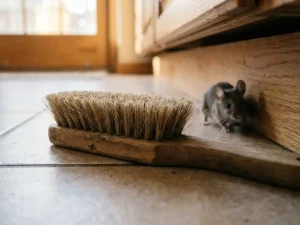 Schoonmaakborstel met natuurlijke haren op keukenvloer, grijze muis trekt zich terug in de schaduwen