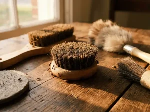 Schoonmaakborstels met verschillende borstelharen op houten oppervlak, omringd door mieren en kleine insecten