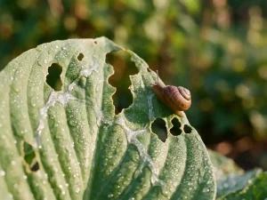 Bruine tuinslak op groen blad met gaten en slijmsporen, ochtendauw in gouden licht, macrofotografie