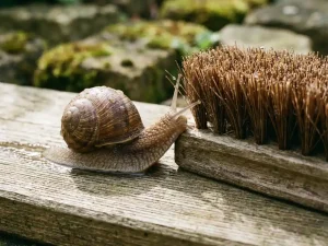 Tuinslak nadert stijve schoonmaakborstel met uitgestrekte voelsprieten, glinsterende slakkenspoor zichtbaar op houten ondergrond