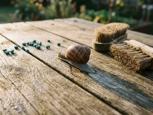 Tuinslak kruipt over verweerde houten planken met zilveren slijmspoor, slakkenkorrels en borstels zichtbaar