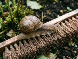 Grote bruine tuinslak kruipt over koperen slakkenafweer met dauwdruppels, groene plantstengels op achtergrond