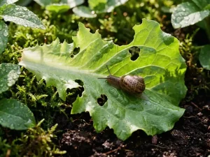 Bruine tuinslak kruipt over beschadigde sla blad met gaten, glimmend spoor zichtbaar, waterdruppels op donkere grond