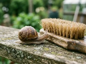 Tuinslak met spiraalvormige schelp kruipt over verweerd hout naast natuurlijke borstel met dauwdruppels in ochtendlicht