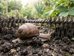 Tuinslak kruipt onder draadborstelhek door rijke donkere tuinaarde, schelp glimt van ochtenddauw