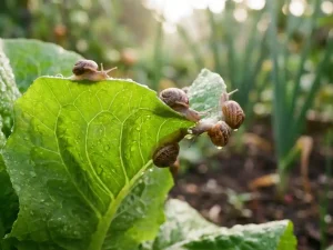 Tuinslakken kruipen langs de randen van een verse slaблад met dauwdruppels in natuurlijk ochtendlicht