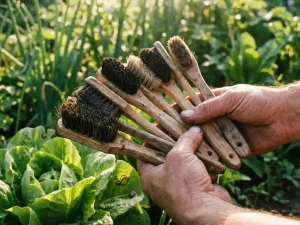 Verweerde handen houden verschillende snakkenborstels vast in waaierpatroon, warme ochtendzon verlicht slatuin op achtergrond