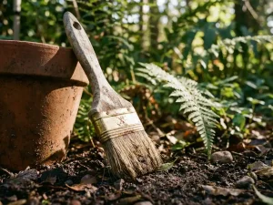 Verweerde houten snakkenborsteltje tegen terracotta pot in weelderige tuin met groene planten en ochtendlicht