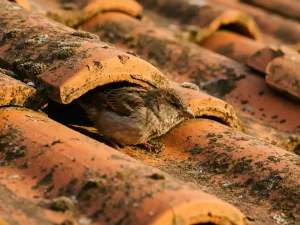 Bruine mus kruipt onder opgetilde oranje dakpan, verweerde terracotta tegels met mos in warm middaglicht