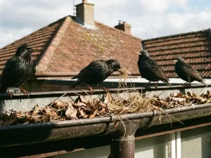 Europese spreeuwen aan overvolle dakgoot met nestmateriaal, een vogel trekt aan gedroogd gras uit regenpijp
