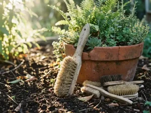 Terracotta plantenbak met groene planten en verschillende slakkenborstels op donkere tuinaarde in natuurlijk ochtendlicht
