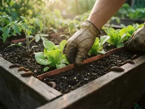 Tuinier plaatst koperen strips rond sla en tomatenplanten om slakken te weren in zonnige moestuin