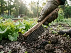 Tuinman gebruikt langstelige slakkenborstel in donkere aarde naast groene slaplanten met dauw op bladeren