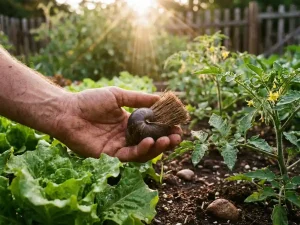 Tuiniers hand houdt slakkenhuisborsteltje tussen verse sla en tomatenplanten in biologische moestuin met ochtendlicht
