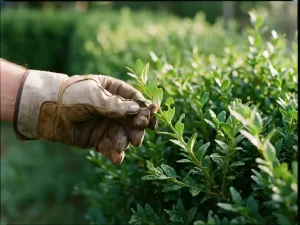 Tuinier verwijdert slak van buxushaag met handschoen, dauwdruppels op bladeren, natuurlijk ochtendlicht