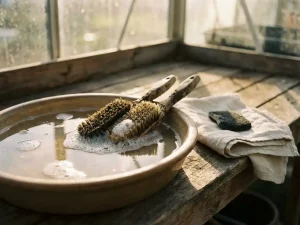 Vuile tuinborstels met aarde en zeepsop in keramische kom op houten tuintafel, handdoek ernaast