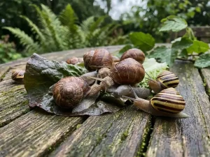 Nederlandse tuinslakken met spiraalvormige huisjes kruipen over natte slabladeren op verweerde houten tuintafel bij daglicht