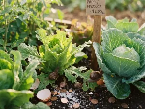 Groentebedden met sla en kool met vraatschade door slakken, omringd door koperen munten en eierschalen als natuurlijke afweermiddelen