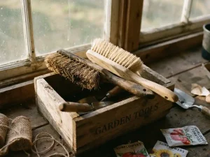 Twee gebruikte tuinborstels met natuurlijke haren in verweerde houten opbergdoos, omringd door tuingereedschap