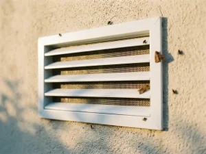 Witte ventilatierooster op buitenmuur met fijn gaas tegen insecten, kleine vliegen en motten eromheen in zonlicht