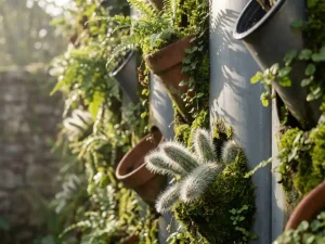 Verticale moestuin met groene mos, klimplanten en borstelachtige vetplanten in terracotta bakjes met hydroponische buizen