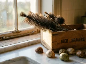 Traditionele spiraalvormige flesborstels in verweerde houten bierkrat op marmeren aanrecht met keramische slakkenhuizen