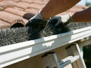 Handen installeren donkere borstels in witte dakgoot als vleermuisafweer, rode dakpannen en ladder zichtbaar