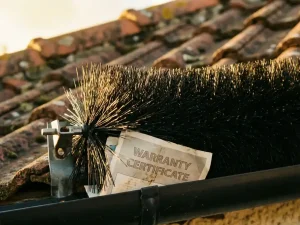 Professioneel vleermuiswerende borstelsysteem geïnstalleerd langs dakrand met zwarte borstels in gouden zonlicht