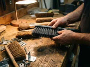 Verschillende vleermuiswerende borstelmaterialen op houten werkbank, ambachtsman onderzoekt textuur van grijze synthetische borstels