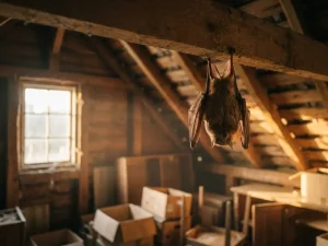 Vleermuis hangt ondersteboven aan houten balk in zolder, avondlicht valt door raam en creëert warme schaduwen