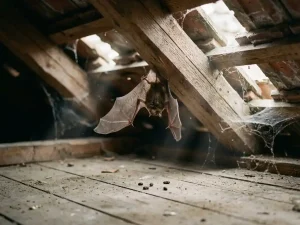 Vleermuis hangt ondersteboven aan houten dakbalk in stoffige zolder met zonnestralen door dakpannen