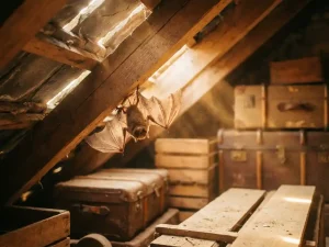 Vleermuis hangt vredig aan houten dakbalk in zolder met warm zonlicht door kieren, zachte gouden sfeer