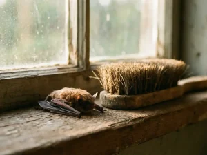 Bruine vleermuis rust vreedzaam op verweerd hout naast wildlife-afweerborstel in warm gouden licht