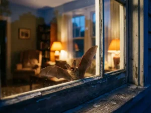 Kleine bruine vleermuis met uitgestrekte vleugels op houten raamkozijn, kijkend naar verlichte woonkamer binnen