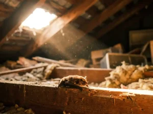 Vleermuis op houten dakbalk in zolder, vleugels gevouwen, kijkend naar lichtstraal door dakopening