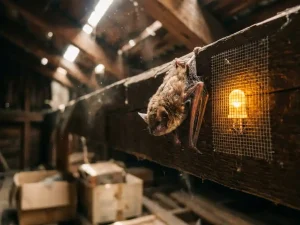 Vleermuis hangt aan houten dakbalken in zolder met zachte LED-verlichting en gaasschermen als humane afweermiddelen