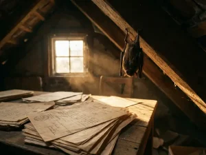 Vleermuis hangt aan houten dakbalk in zolder met juridische documenten op tafel, zonlicht creëert dramatische schaduwen