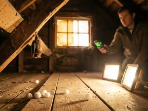 Vleermuis hangt ondersteboven aan houten dakbalk terwijl persoon ultrasonisch apparaat verkeerd richt in zolder