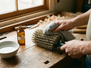 Handen reinigen gespecialiseerde vleermuisafweerborstel met zachte doek op houten werkbank met schoonmaakmiddelen