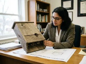 Wildlifedeskundige onderzoekt houten vleermuiskast model op bureau met bouwplannen voor vleermuisvriendelijke aanpassingen