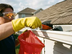 Persoon met gele handschoenen verwijdert vleermuisuitwerpselen uit dakgoot met plastic schepje en veiligheidsbril