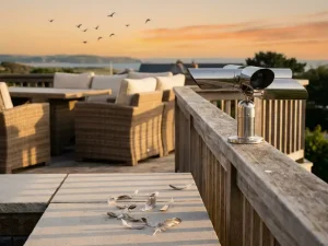 Vogelafweersysteem op terrasreling in gouden ochtendlicht met elegante tuinmeubelen op stenen tegels