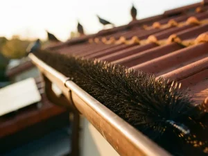 Vogelverschrikker borstel geïnstalleerd op dakgoot met rode dakpannen, vogels vliegen veilig weg op de achtergrond